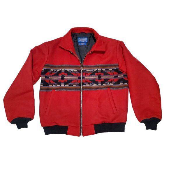 PENDLETON Unisex Red Wool Aztec Native Western Southwest Bomber Jacket Large - Picture 1 of 11